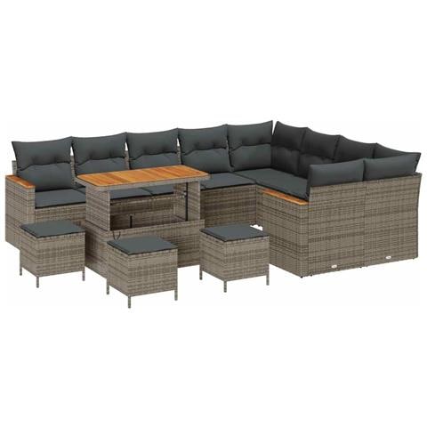Set Divano da Giardino  da 13 Pezzi con Cuscini Grigio Rattan Polipropilene Acacia, Set da Pranzo da Giardino  da 4 Pezzi con Cuscini Grigio Rattan Polipropilene Acacia - Foto 1