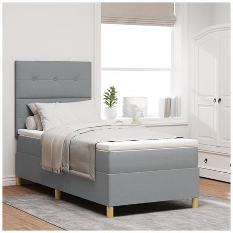Letto con Rete a Molla con Materasso Grigio Chiaro 100x200 cm Tessuto - Foto 2