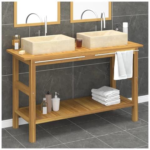 Mobile Vanità Bagno e Lavandini Marmo Crema Legno Massello Teak - Foto 2