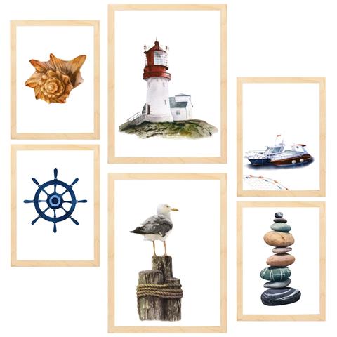 Set Di 6 Stampe Dipinto Decorativo Con Composizione Di Oceano E Mare Incorniciato Con Illustrazioni Di Design Per Le Pareti A3 & A4 Telaio In Legno Chiaro - Foto 1