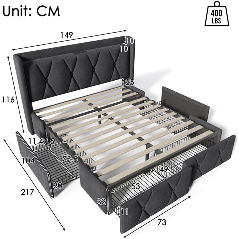 Letto Contenitore Elegante Con 4 Cassetti E Rivestimento In Lino Grigio - Foto 2