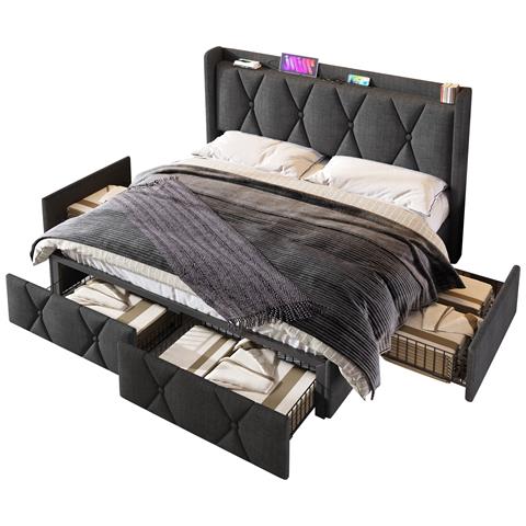 Letto Contenitore Elegante Con 4 Cassetti E Rivestimento In Lino Grigio - Foto 1