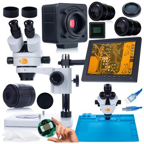 Set Microscopio Trinoculare Mercury Pro Con Telecamera E Display 8"" - Zoom 7x-45x, Oculare Wf10x / 20mm, Base Antistatica - Foto 1