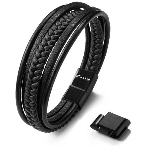 Braccialetto in Pelle Genuina Maschile, ""Braid"", 21cm, Nero - Foto 1