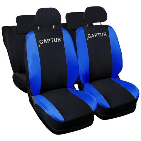 Coprisedili Auto Compatibili Per Captur, Made In Italy, Set Di Copri Sedili Anteriori E Posteriori Con Copri Poggiatesta Incluso, Tessuto Poliestere, Colore - Nero \blu Royal - Foto 1