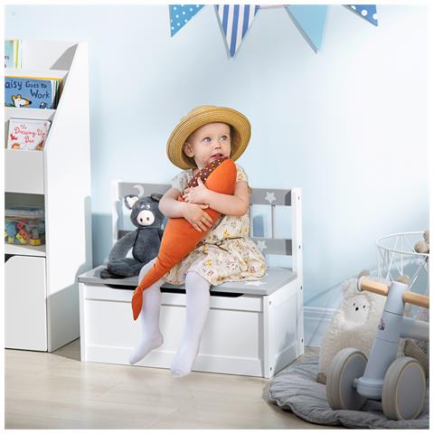 Cassapanca Moderna Portagiochi Con Leva A Gas, In Mdf E Legno Di Pino, 60x30x50 Cm, Bianco E Grigio - Foto 6