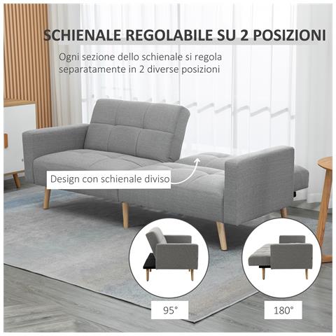 Divano Letto Matrimoniale Con Tessuto Traspirante Effetto Lino E Schienale Regolabile, 205x88x80 Cm, Grigio - Foto 6