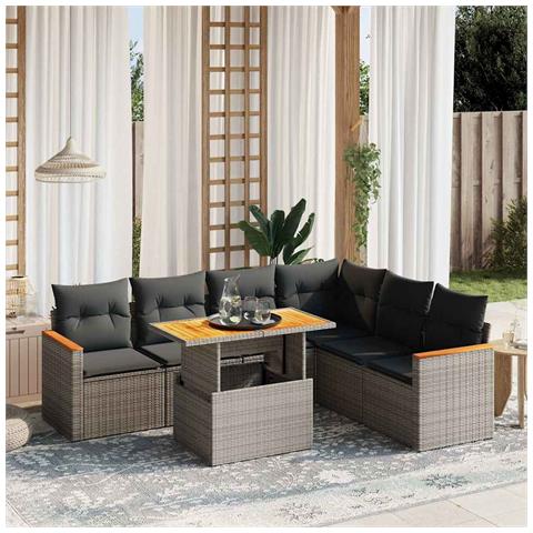 Set Divani Da Giardino 7 Pz Con Cuscini Grigio In Polyrattan - Foto 3