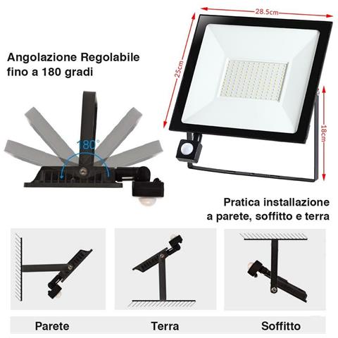Faro LED 100W Luce Alta Luminosita 8000lm Faretto esterno con Sensore Movimento - Foto 4