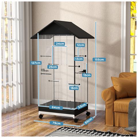 Gabbia per Uccelli con Ruote e Vassoio Estraibile, Voliera Alta 155 cm con Posatoi e Mangiatoie, Nero - Foto 2