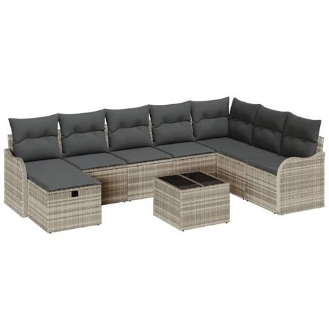 Set di divani modulare da giardino 9 pezzi con cuscini Grigio chiaro Polyrattan, Divano da giardino 2 posti con cuscini Grigio chiaro Polyrattan - Foto 1