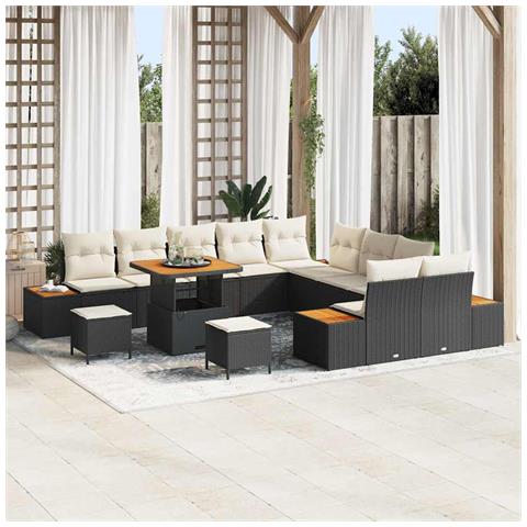 Set divani giardino  13 pezzi con cuscini neri rattan polimerico acacia, Set pranzo giardino  3 pezzi con cuscini neri rattan polimerico acacia - Foto 2