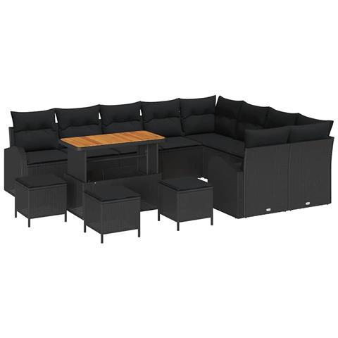 Set Divano da Giardino da 13 Pezzi con Cuscini Nero Polirattan Acacia, Divano da Giardino da 2 Posti con Contenitore e Cuscini Nero Polirattan, Set da Pranzo da Giardino da 4 Pezzi con Cuscini Nero Polirattan Acacia - Foto 1