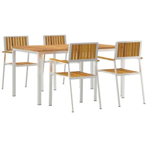 Set da Pranzo Giardino 5 Pezzi in Legno Massello di Acacia, Tavolo da Pranzo Esterno 150x90x75 cm in Legno Massello di Acacia, Sedie da Giardino impilabili 4 pz in Legno Massello di Acacia e Metallo - Foto 1
