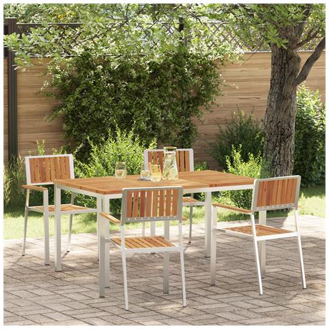 Set da Pranzo Giardino 5 Pezzi in Legno Massello di Acacia, Tavolo da Pranzo Esterno 150x90x75 cm in Legno Massello di Acacia, Sedie da Giardino impilabili 4 pz in Legno Massello di Acacia e Metallo - Foto 2