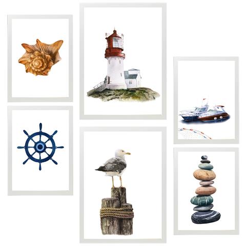 Set Di 6 Stampe Dipinto Decorativo Con Composizione Di Oceano E Mare Incorniciato Con Illustrazioni Di Design Per La Decorazione Murale A3 & A4 Cornice Bianca - Foto 1