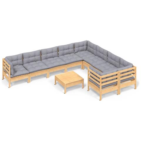 Set Divani da Giardino 10 pz con Cuscini Grigi Massello di Pino - Foto 1