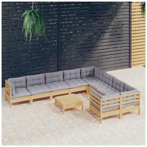 Set Divani da Giardino 10 pz con Cuscini Grigi Massello di Pino - Foto 2