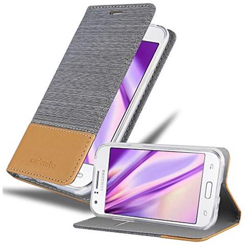 Custodia Compatibile Con Samsung Galaxy J1 2015 In Grigio Chiaro Marrone - Coperchio Protettiva Con Chiusura Magnetica, Funzione Stand E Tasca Per Le Carte - Foto 1