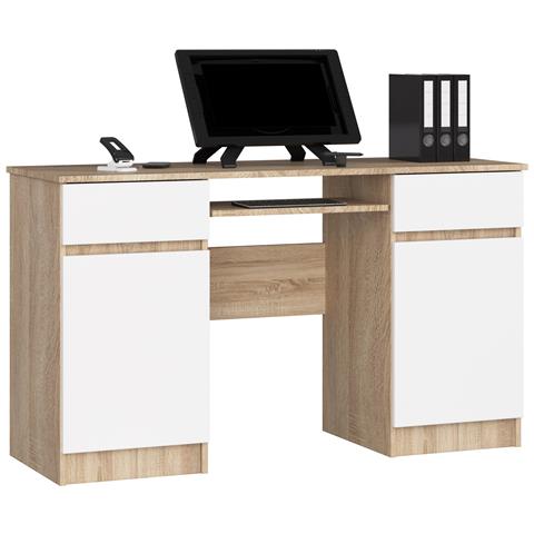 Scrivania per computer A5, 2 ante e 2 cassetti, 135x50x77 cm, Colore Sonoma Quercia e Bianco - Foto 1