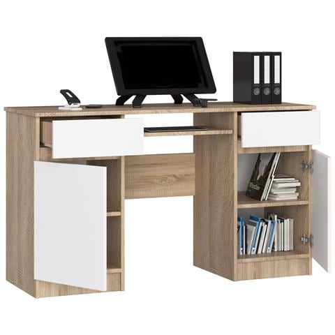 Scrivania per computer A5, 2 ante e 2 cassetti, 135x50x77 cm, Colore Sonoma Quercia e Bianco - Foto 2