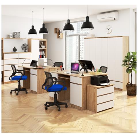 Scrivania per computer A5, 2 ante e 2 cassetti, 135x50x77 cm, Colore Sonoma Quercia e Bianco - Foto 7