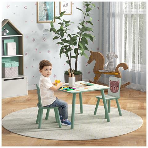 Set Tavolo E Sedie 3 Pezzi Per Bambini 3-8 Anni In Mdf E Legno Di Pino, Verde - Foto 2