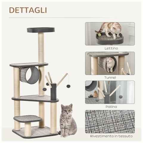 Albero Tiragraffi per Gatti Adulti e Gattini da 130cm Tunnel per Gatti e Pali in Sisal - Grigio - Foto 6