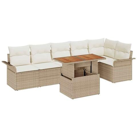 Set da Pranzo da Giardino di 7 Pezzi con Cuscini Beige Polyrattan Acacia - Foto 1