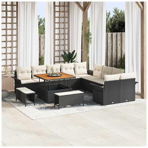 Set Divani Giardino  13 Pezzi con Cuscini Nero Polyrattan Acacia, Divano Giardino  2 Posti con Ripostiglio e Cuscini Nero Polyrattan, Set Pranzo Giardino  3 Pezzi con Cuscini Nero Polyrattan Acacia - Foto 2