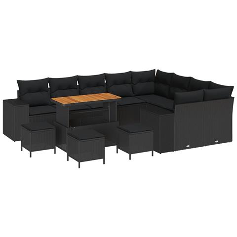 Set Divano da Giardino  da 13 pezzi con Cuscini Nero Polyrattan Acacia, Set da Pranzo Giardino  da 4 pezzi con Cuscini Nero Polyrattan Acacia - Foto 1