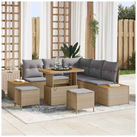 Set divano da giardino 8 pezzi con cuscini beige polyrattan acacia, Set da pranzo da giardino 3 pezzi con cuscini beige polyrattan acacia - Foto 2