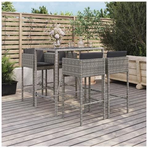 Set Bar da Giardino 5 pz con Cuscini in Polyrattan Grigio - Foto 2