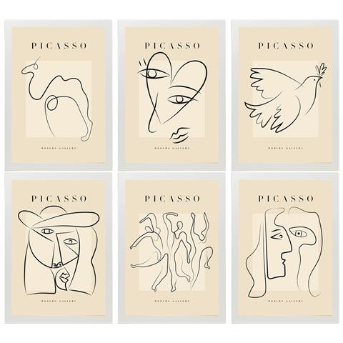 Set Di 6 Stampe Künstlerischen Illustrationen Von Pablo Picasso Frieden Sammlung Von Dekorationsgemälden Im Kunstgalerie Stil Weißer Rahmen A3 Cornice Bianca - Foto 1