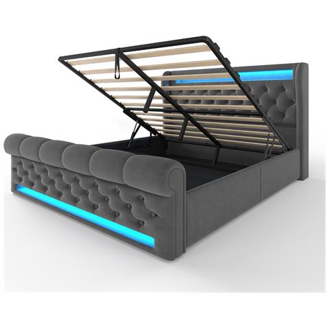 Letto Moderno In Velluto Grigio Con Led E Vano Di Archiviazione - Foto 2