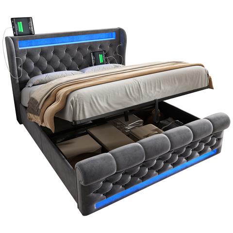 Letto Moderno In Velluto Grigio Con Led E Vano Di Archiviazione - Foto 1