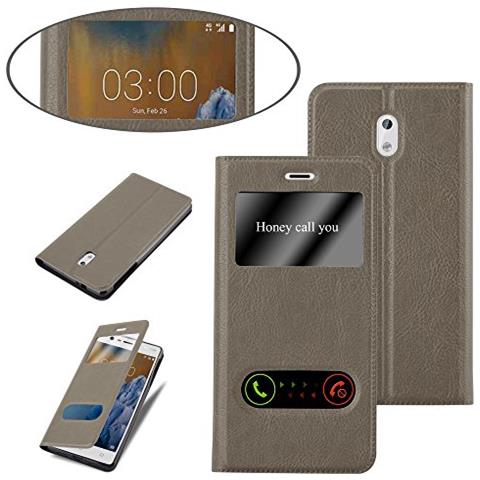 Custodia Compatibile Con Nokia 3 2017 In Bruno Pietra - Coperchio Protettivo Con Chiusura Magnetica, Funzione Stand E 2 Finestre Di Visualizzazione - Foto 2