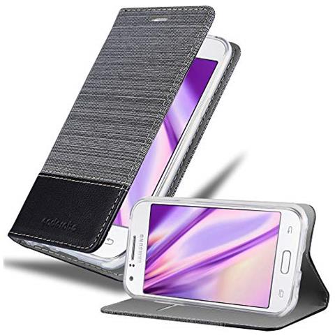 Custodia Compatibile Con Samsung Galaxy J1 2015 In Grigio Nero - Coperchio Protettiva Con Chiusura Magnetica, Funzione Stand E Tasca Per Le Carte - Foto 1