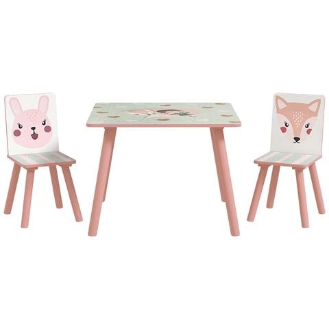 Set Tavolo E Sedie 3 Pezzi Per Bambini 3-8 Anni In Mdf E Legno Di Pino Con Disegni Di Animali, Rosa - Foto 1