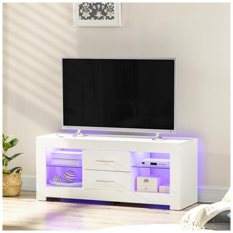 Mobile Porta Tv Da 55"" Con Luci Led A 12 Colori E Telecomando, Legno E Vetro 120x40x50cm, Bianco - Foto 2