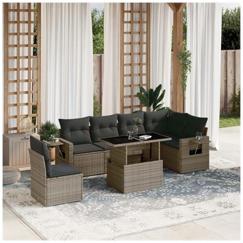Set Divani Da Giardino 7 Pz Con Cuscini Grigio In Polyrattan - Foto 1