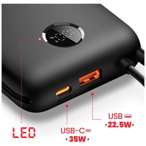 Batteria Esterna 20000mah Cavi Usb-c E Lightning Integrati Schermo Led, Nero - Foto 5