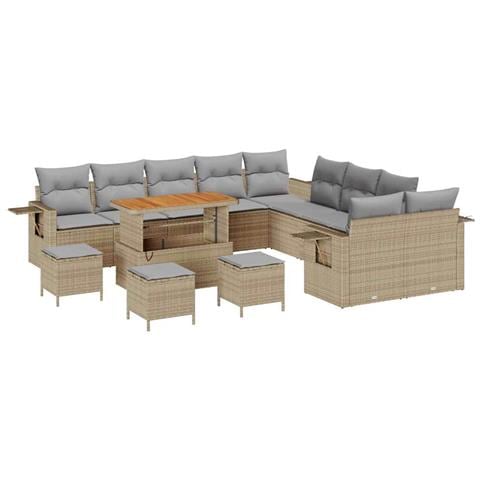 Set di divani per giardino con cuscini Beige Rattan Poli Acacia 14 pezzi, Set da pranzo giardino con cuscini Beige Rattan Poli Acacia 4 pezzi - Foto 1