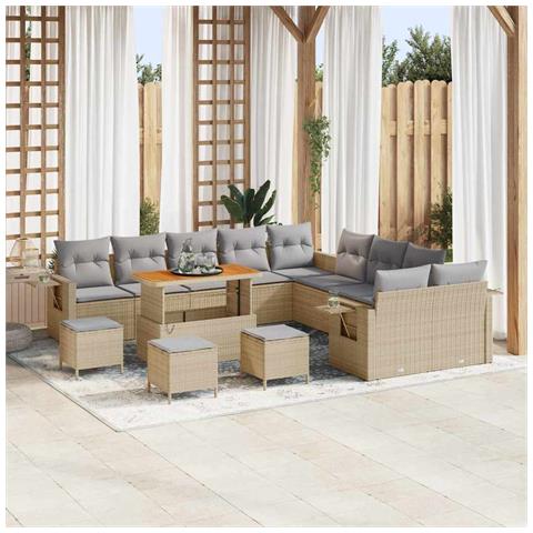 Set di divani per giardino con cuscini Beige Rattan Poli Acacia 14 pezzi, Set da pranzo giardino con cuscini Beige Rattan Poli Acacia 4 pezzi - Foto 2