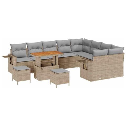 Set Divano da Giardino da 12 Pezzi con Cuscini Beige Rattan Polimero Acacia,  Set da Pranzo da Giardino 3 Pezzi con Cuscini Beige Rattan Polimero Acacia - Foto 1