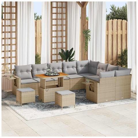 Set Divano da Giardino da 12 Pezzi con Cuscini Beige Rattan Polimero Acacia,  Set da Pranzo da Giardino 3 Pezzi con Cuscini Beige Rattan Polimero Acacia - Foto 2