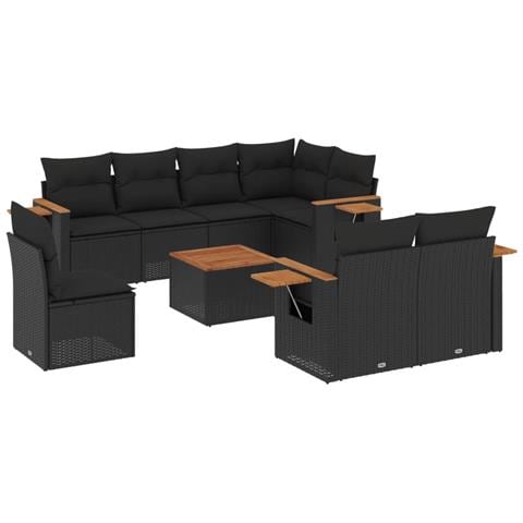 Set Divani da Giardino 9 pz con Cuscini Nero in Polyrattan - Foto 1