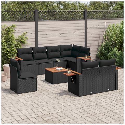 Set Divani da Giardino 9 pz con Cuscini Nero in Polyrattan - Foto 2