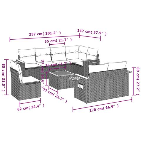 Set Divani da Giardino 9 pz con Cuscini Nero in Polyrattan - Foto 9