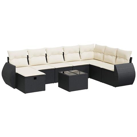Set Divani da Giardino 9 pz con Cuscini Nero in Polyrattan - Foto 1